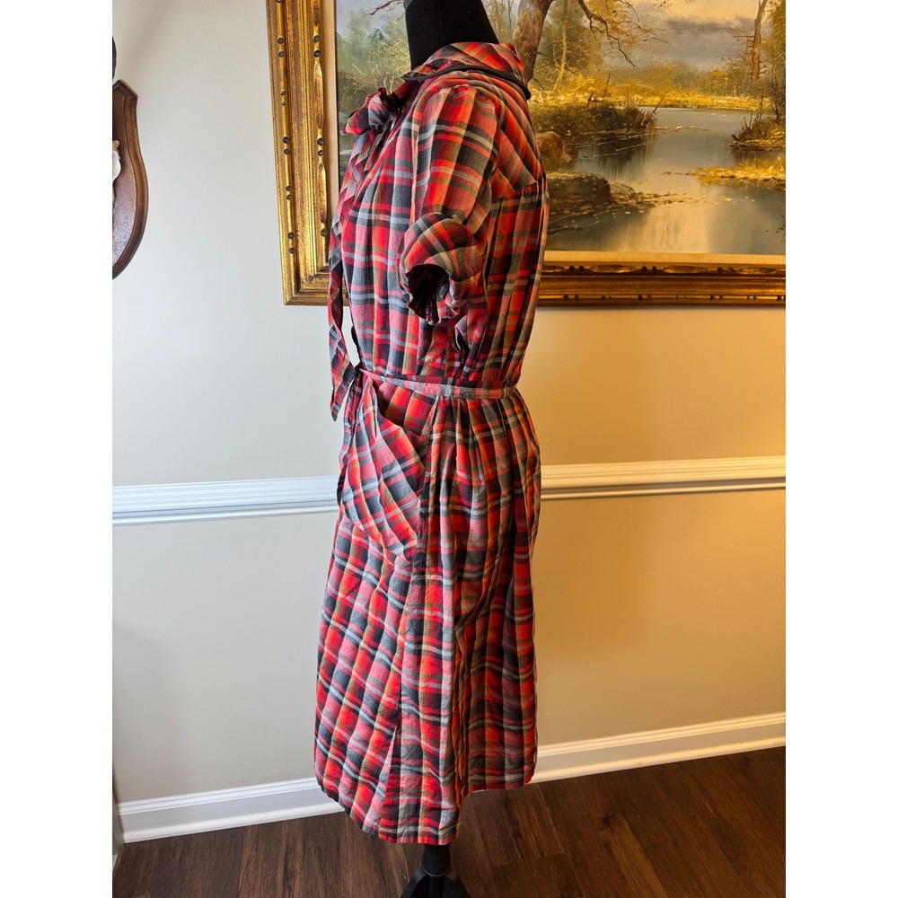 Vintage 1950s 60s Plaid Shirt Dress Bow Tie Neck Patch Pockets Mid Century - Picture 5 of 10